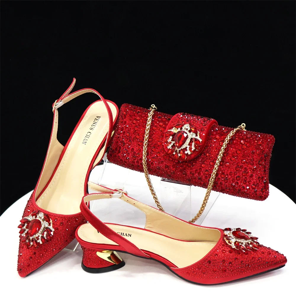 New Arrival Fashion Shoes Matching Bag Set Royal Blue Color Decorated with Crystal Ladies Wedding Party Women High Heel