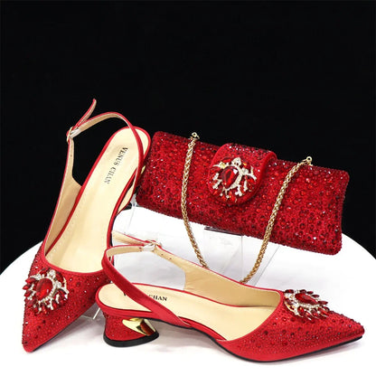 New Arrival Fashion Shoes Matching Bag Set Royal Blue Color Decorated with Crystal Ladies Wedding Party Women High Heel