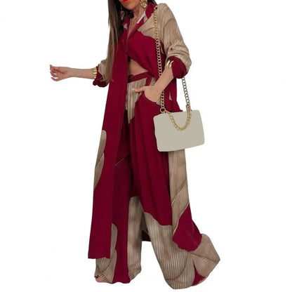 Two-piece Suit Women Contrasting Color Suit Stylish Women's V-neck Patchwork Printed Suit for Various Occasions Loose Fit Top