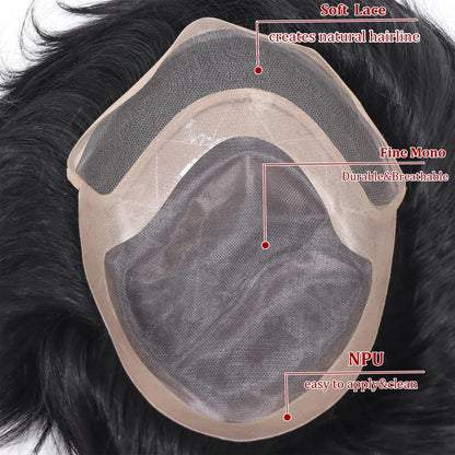 Toupee for Men Human Hair Wigs Men Toupee NPU with Lace Front Hair Units Curly Wave Men Toupee Hair Real Human System