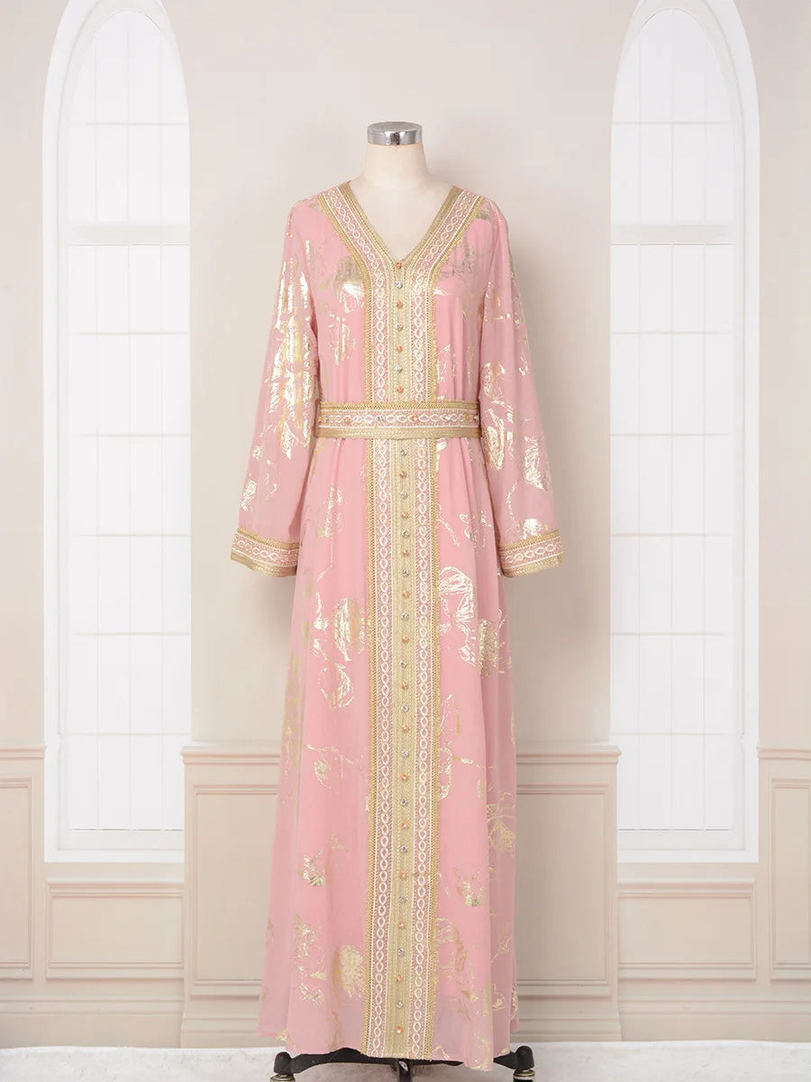 Ramadan Luxury Muslim Fashion Bat Sleeve Moroccan Turkiye Dubai Dress Middle East Arab Dress Sequins Golden Velvet Long Dress