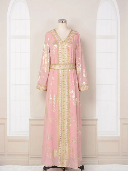 Ramadan Luxury Muslim Fashion Bat Sleeve Moroccan Turkiye Dubai Dress Middle East Arab Dress Sequins Golden Velvet Long Dress