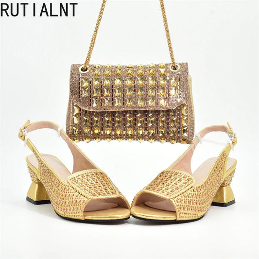 New Fashion Italian Shoe and Bags Matching Set Decorated with Rhinestone Luxury Designer Women Party Pumps Elegant Bridal Shoes