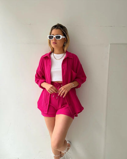 Women's Short Sets 2 Pcs Sale Grass Green Loose Button Cardigan Blouse Coats & Drawstring Wide Leg Loose Short Pant Suits