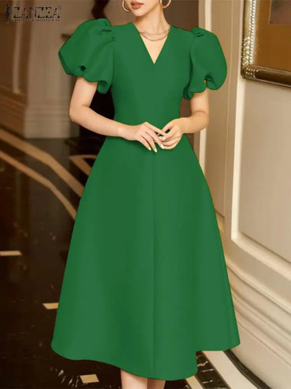 ZANZEA Woman Elegant Party Dress Summer Puff Sleeve V-Neck Dresses Fashion Solid Sundress Vintage A Line Vestidos Oversized 2024