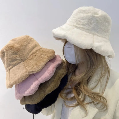 Women Girls Faux Fur Bucket Hat Plush Warm Fisherman Hat Outdoor Windproof Panama Bowl Hats Autumn Street Cold -proof Cap Hats