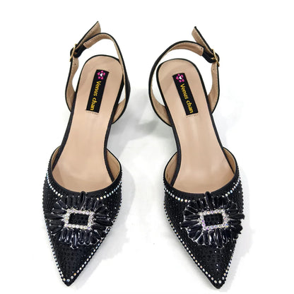 Venus Chan Luxury Rhinestone Heel & Handbag Set – Black & Gold Party Combo