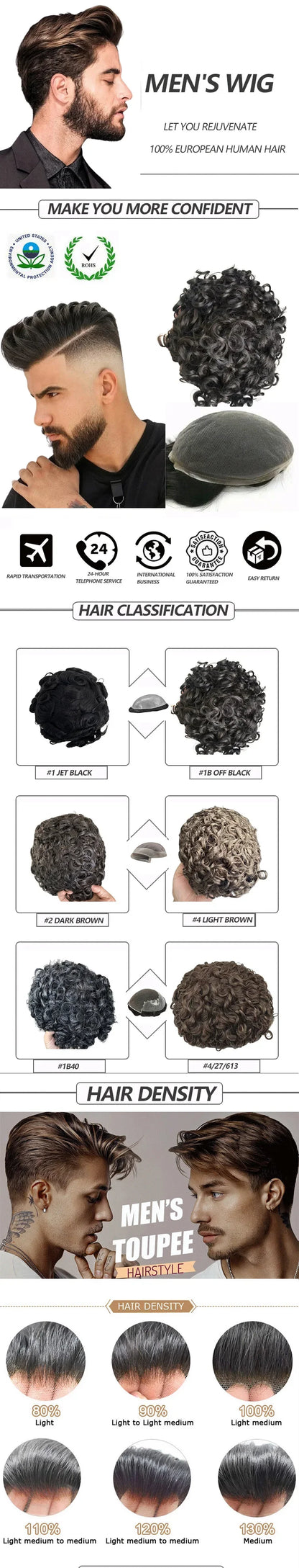 Toupee for Men Human Hair Wigs Men Toupee NPU with Lace Front Hair Units Curly Wave Men Toupee Hair Real Human System