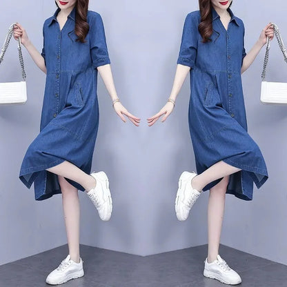 Oversized 5XL Single Breasted Denim Dress For women 2024 Summer New Short sleeved Shirt Denim Dresses Female Casual Clothes