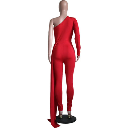 Red Puff Sleeve One Shoulder Long Sleeve Jumpsuits