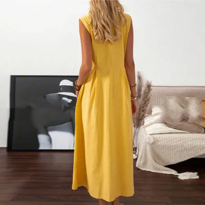 Women Cotton Linen Long Dress Summer Sleeveless Buttons Turn-down Collar Shirt Dress Loose Neck Temperament Office Dresses 2024