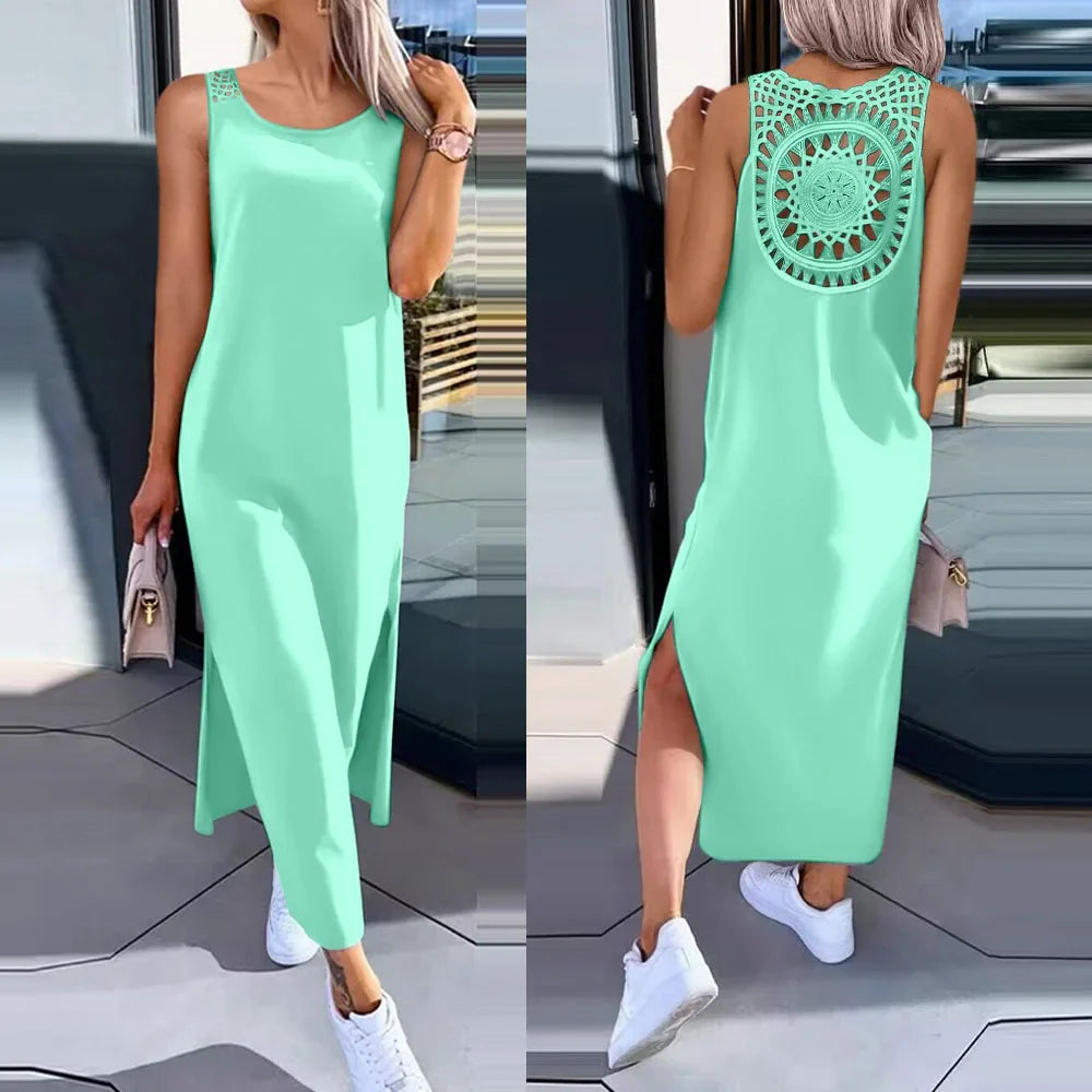 Sexy Backless Sleeveless Solid Midi Dress Women 2024 Summer Casual White Lace Long Dresses For Women Robe Femme