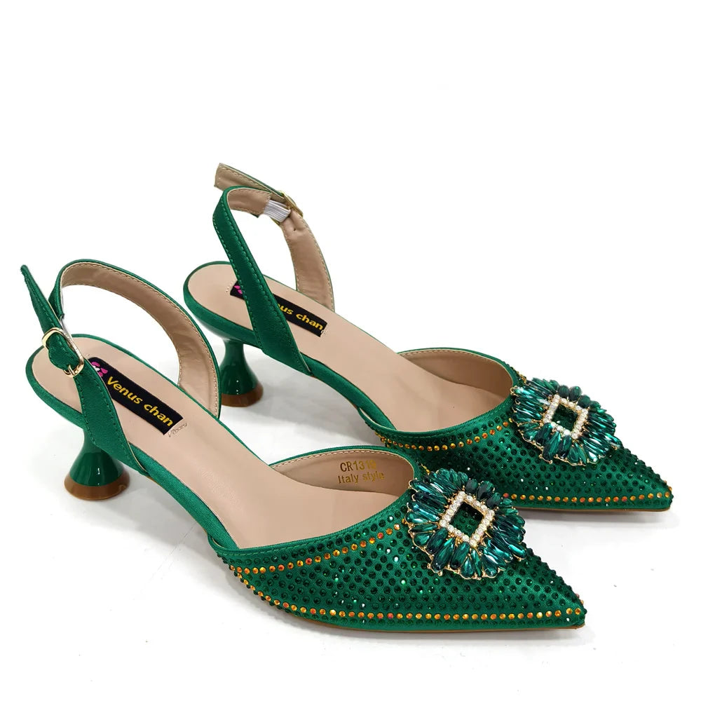 Venus Chan Luxury Rhinestone Heel & Handbag Set – Black & Gold Party Combo