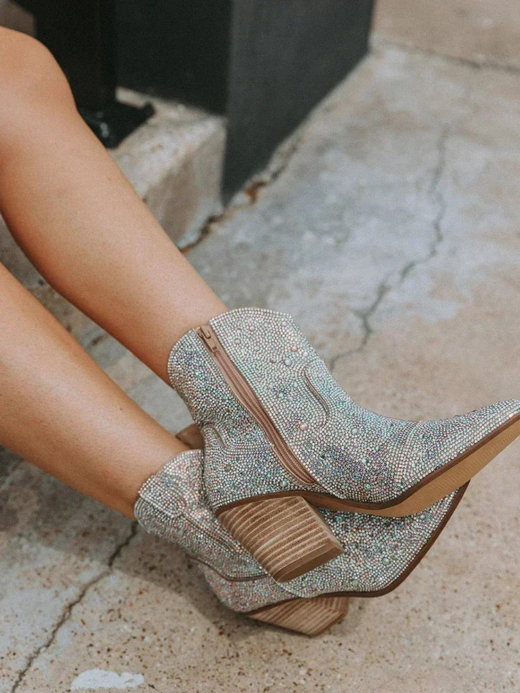 Western Cowboy Boots Fashion Women Ankle Boots Glitter Bling Shiny Trend High Heels High Quality Sexy Shoes Botas De Mujer 2024