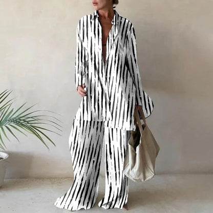 Women Set Autumn Long Sleeve Lapel Printed Casual Fashion Elegant Beach Loose Wide Leg Trousers Ladies Two Piece Suits Pant Sets