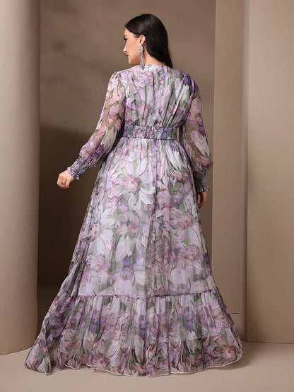 TOLEEN Plus Size Women V-Neck Lantern Sleeve Ruffle 2024 Spring Summer Casual Elegant Floral Print Vacation Party Long Dresses