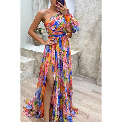 Women's S-XL Size Autumn and Winter Gathering New Casual Split Dress INS Loose Multi Color Slanted Shoulder Fashion Slimming