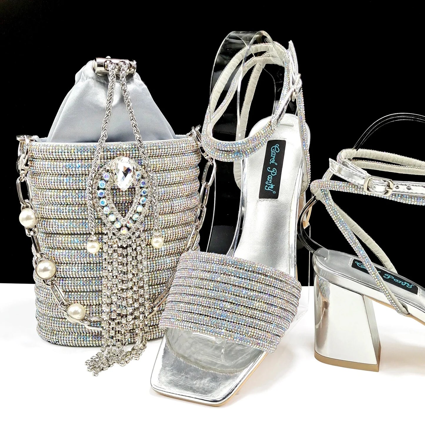 Newest Olive Colour Personalized  Design Rhinestone Decoration High Heel Peep Toe Banquet Ladies Shoes And Bag Set
