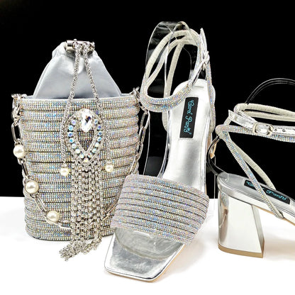 Newest Olive Colour Personalized  Design Rhinestone Decoration High Heel Peep Toe Banquet Ladies Shoes And Bag Set