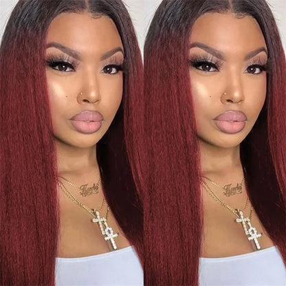 Yaki Long Ombre 99J Glueless 30'' Kinky Straight Lace Front Wig For Women With Baby Hair Synthetic Preplucked Daily Wig