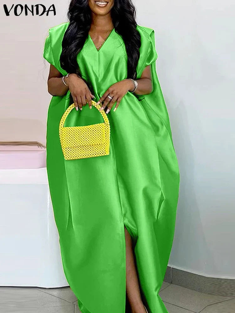 VONDA Plus Size Bohemian Women Maxi Dress 2025 Summer Split Long Sundress V-Neck Short Sleeve Casual Solid Party Satin Robe 5XL