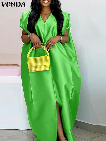 VONDA Plus Size Bohemian Women Maxi Dress 2025 Summer Split Long Sundress V-Neck Short Sleeve Casual Solid Party Satin Robe 5XL