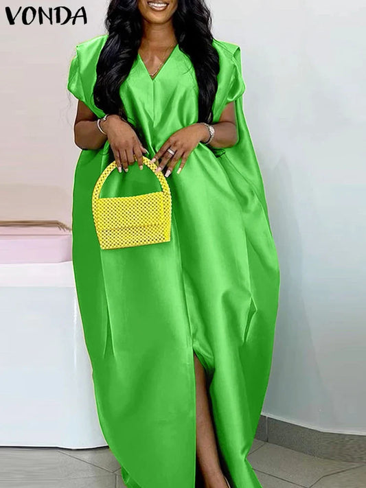 VONDA Plus Size Bohemian Women Maxi Dress 2025 Summer Split Long Sundress V-Neck Short Sleeve Casual Solid Party Satin Robe 5XL