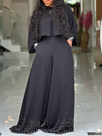 two piece sets women outfits o neck long lantern sleeve tops Embroidered Flares wide leg trousers fashion casual party Pant Sets