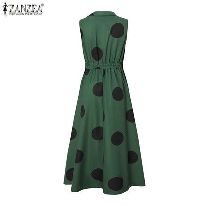 ZANZEA Summer Office Lady Sundress Woman Stylish Polka Dot Maxi Dresses Elegant Party Dress Fashion Sleeveless Holiday Robe 2025