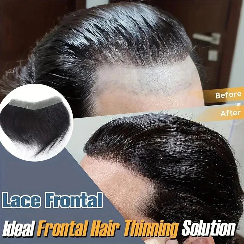 Premium Men Hair Toupee 100% Human Hair Natural Black Straight Invisible Seamless Frontal For All Light Beige Types Ethnicities