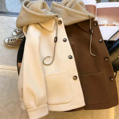 Winter Woolen Coat Women's High-end Feel Knitted Hooded Thickened Top Two-piece Illusion Sweater For Plus-size Women