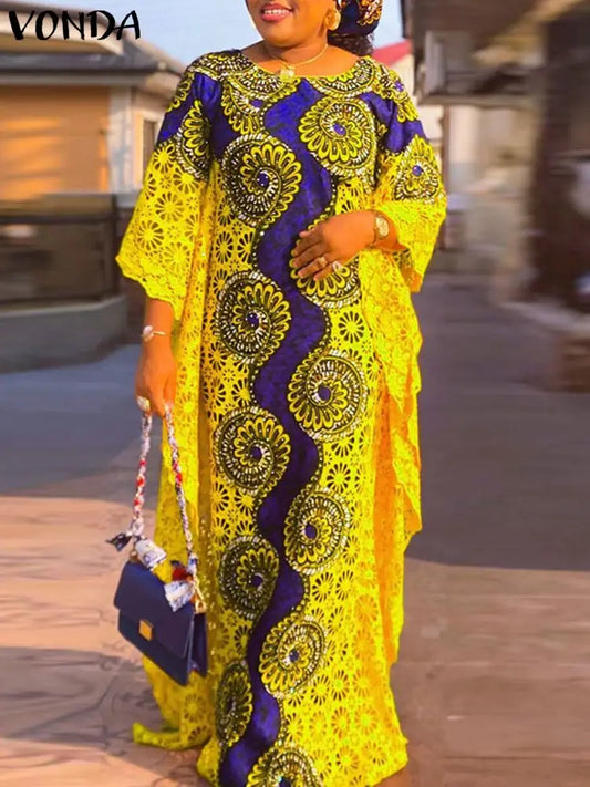VONDA Women Maxi Dress 2024 Bohemian Summer Dress 3/4 Sleeve Casual Loose Floral Printed Vintage Holiday Vestidos Robe