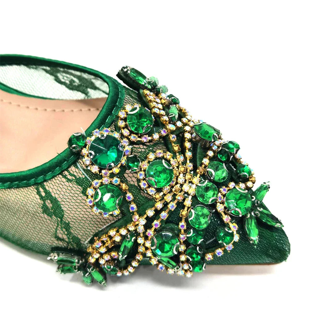 Venus Chan Nigerian Elegant Lace Net Style Green Crystal Low Heel Shoes And Three-Dimensional Mini Bag Commuter Women's Shoes