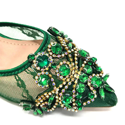 Venus Chan Nigerian Elegant Lace Net Style Green Crystal Low Heel Shoes And Three-Dimensional Mini Bag Commuter Women's Shoes