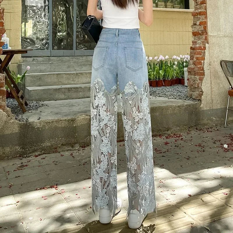 Pants for Woman and Capris Straight Leg with Rhinestones Transparent Women's Jeans Lace Grunge Spring Pant Vintage Trousers