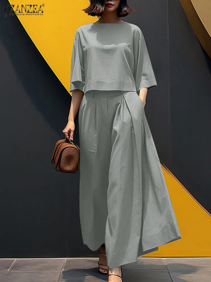 ZANZEA 2PCS Women Summer Pant Sets Casual Solid Work Outfits 3/4 Sleeve Blouse Wide Leg Trousers Suit 2025 Fashion Matching Sets