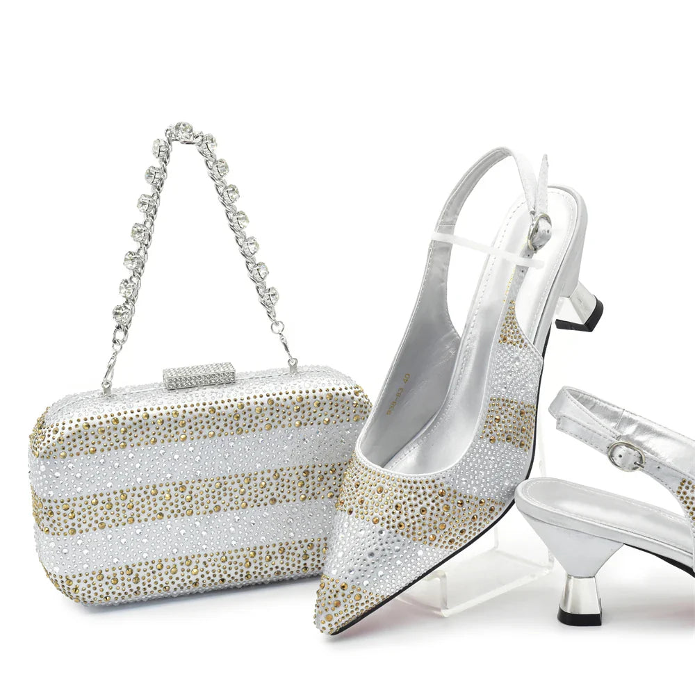 RUTIALNT Silver & Gold Crystal Shoe and Bag Set for Women