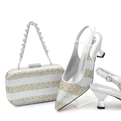 RUTIALNT Silver & Gold Crystal Shoe and Bag Set for Women