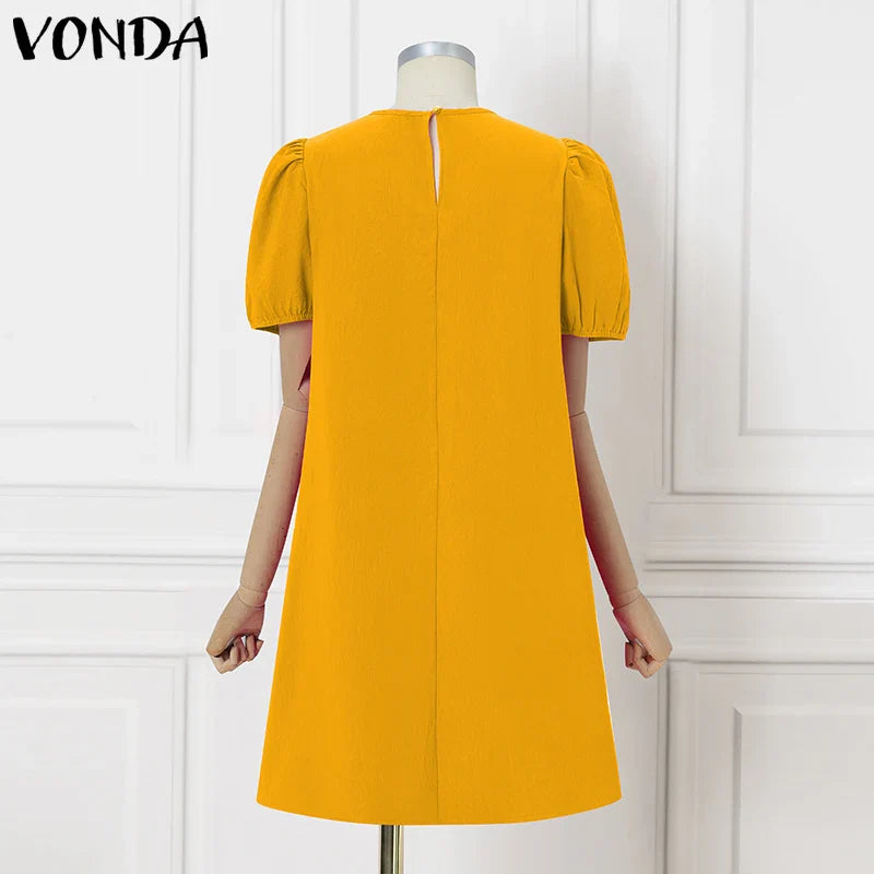VONDA Women Party Dress Solid Color Casual Office Work Mini Sundress 2025 Summer Female O Neck Vestidos Oversized Loose Robe