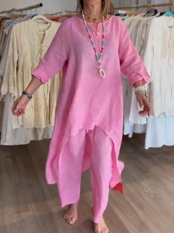 Plus Size Women Casual Linen Two Piece Sets 2024 New Summer Vintage Long Blouse and Wide Leg Pants Suits Female Tracksuits Set