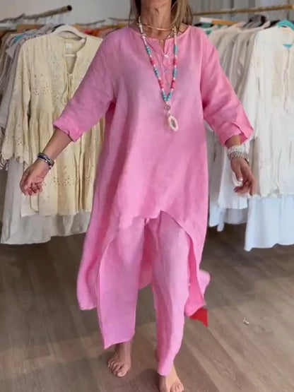 Plus Size Women Casual Linen Two Piece Sets 2024 New Summer Vintage Long Blouse and Wide Leg Pants Suits Female Tracksuits Set