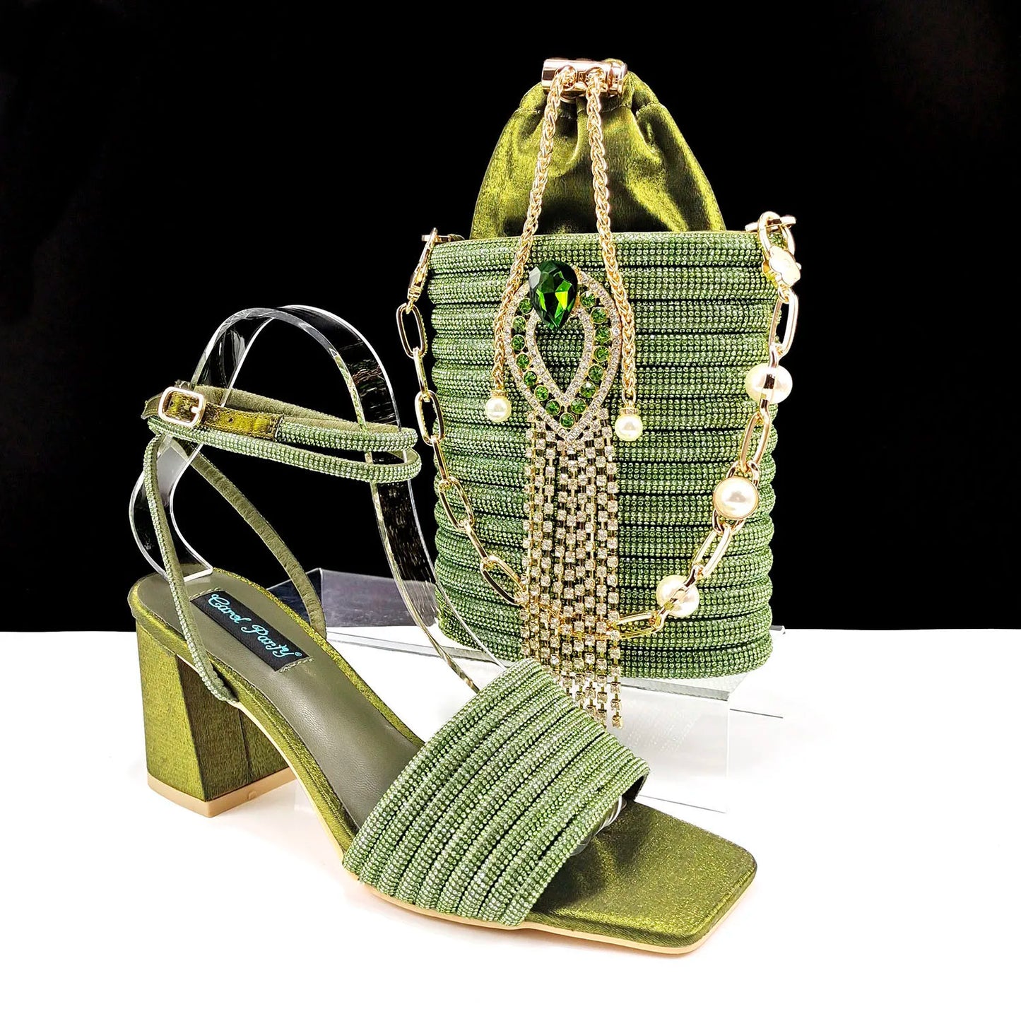 Newest Olive Colour Personalized  Design Rhinestone Decoration High Heel Peep Toe Banquet Ladies Shoes And Bag Set