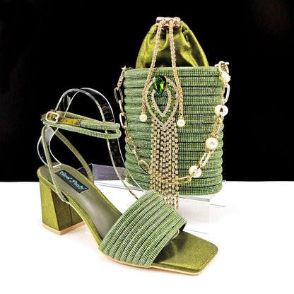 Newest Olive Colour Personalized  Design Rhinestone Decoration High Heel Peep Toe Banquet Ladies Shoes And Bag Set
