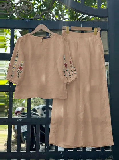 ZANZEA Fashion Women 3/4 Sleeve Embroidery Blouse Pants Sets Autumn 2PCS Floral Tracksuit Casual Loose Wide Leg Trousers Suits