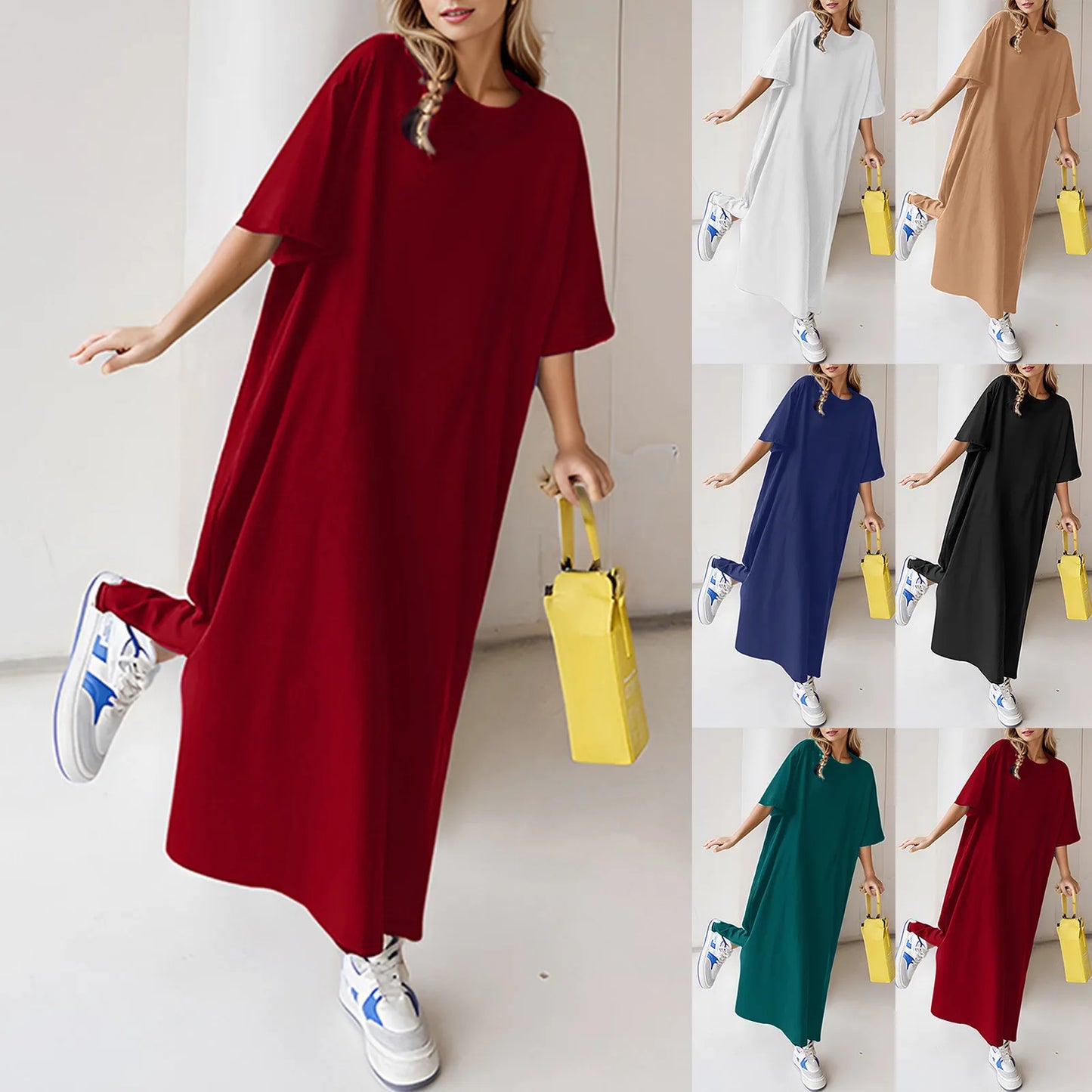 Summer Solid Color T Shirt Dress Casual Short Sleeved Loose Dresses Round Neck Slit Maxi Dress For Women Elegant Vestidos 2024