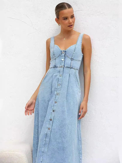 PinePear Sleeveless Strap Dress Women 2025 Summer Single-Breasted Pockets Denim Dresses Woman Light Blue A Line Long Dress