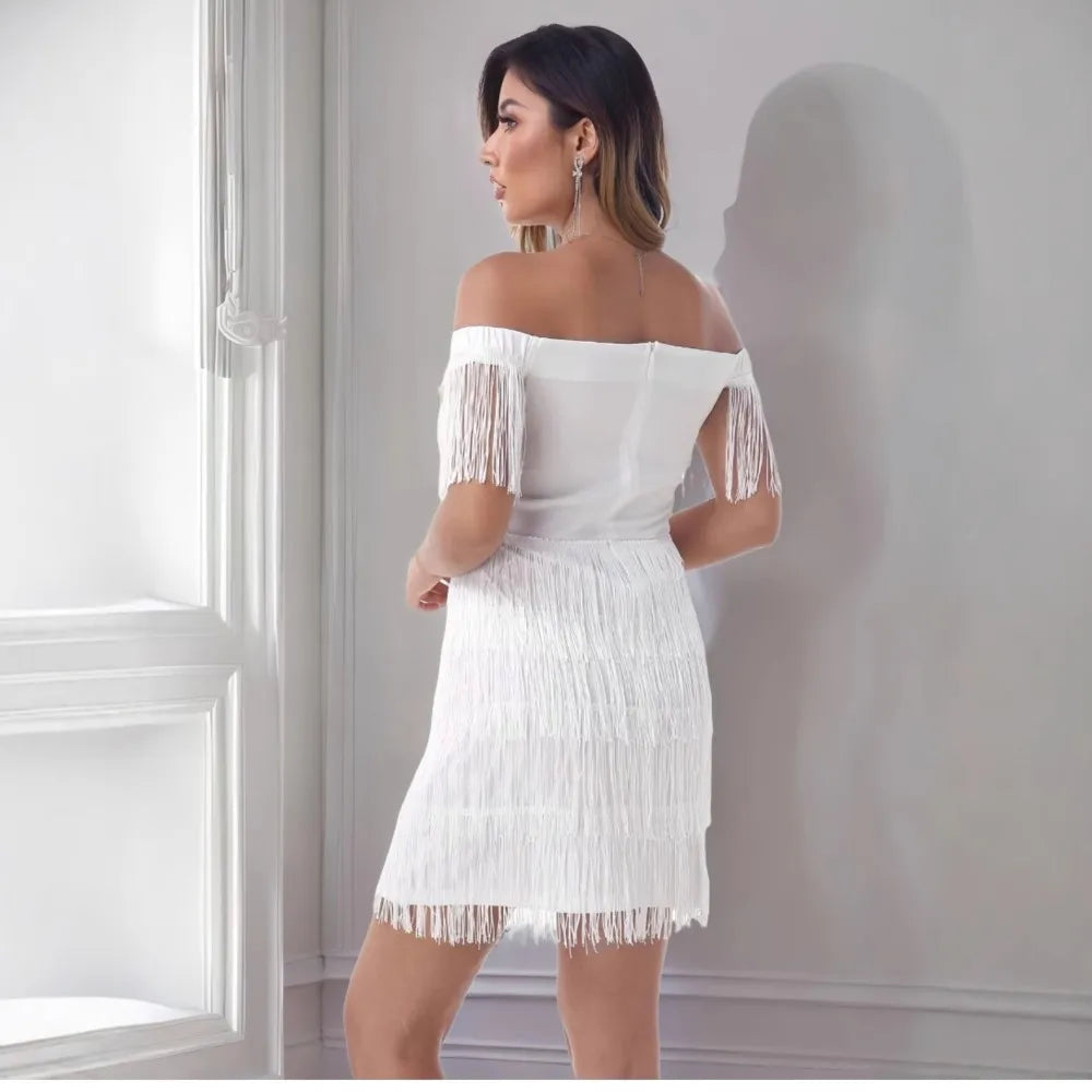 Summer Sexy One Line Shoulder Fringe Sheath Hip Women Dress Fashion Slim Fit Off The Shoulder White Nightclub Female Mini Dress