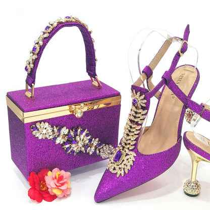 Venus Chan 2023 Italian Design Girly Style Pointed Toe Wedding Shoes And Bag, Full Diamond Decoration Metal Closure Bag