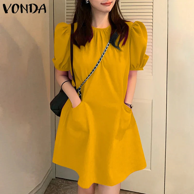 VONDA Women Party Dress Solid Color Casual Office Work Mini Sundress 2025 Summer Female O Neck Vestidos Oversized Loose Robe