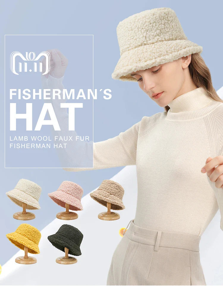Women Girls Faux Fur Bucket Hat Plush Warm Fisherman Hat Outdoor Windproof Panama Bowl Hats Autumn Street Cold -proof Cap Hats